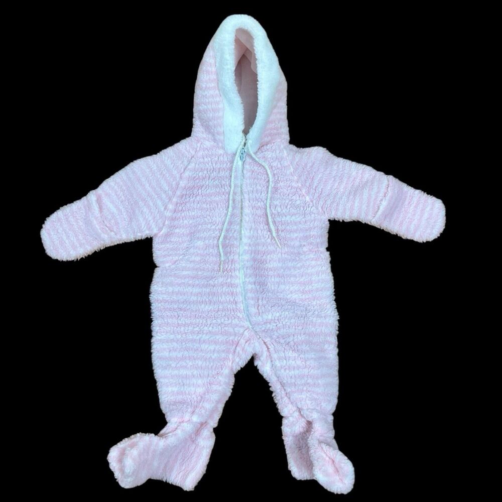Vtg 80s Girl 0-6 Mth 1 piece Bunting Pram Fleece Suit Hood Zip Stripes Cuff USA
